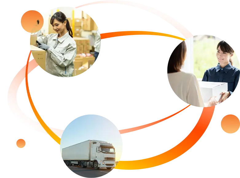 箱を持つ女性と、その後ろに運送業者のトラックがある風景です。